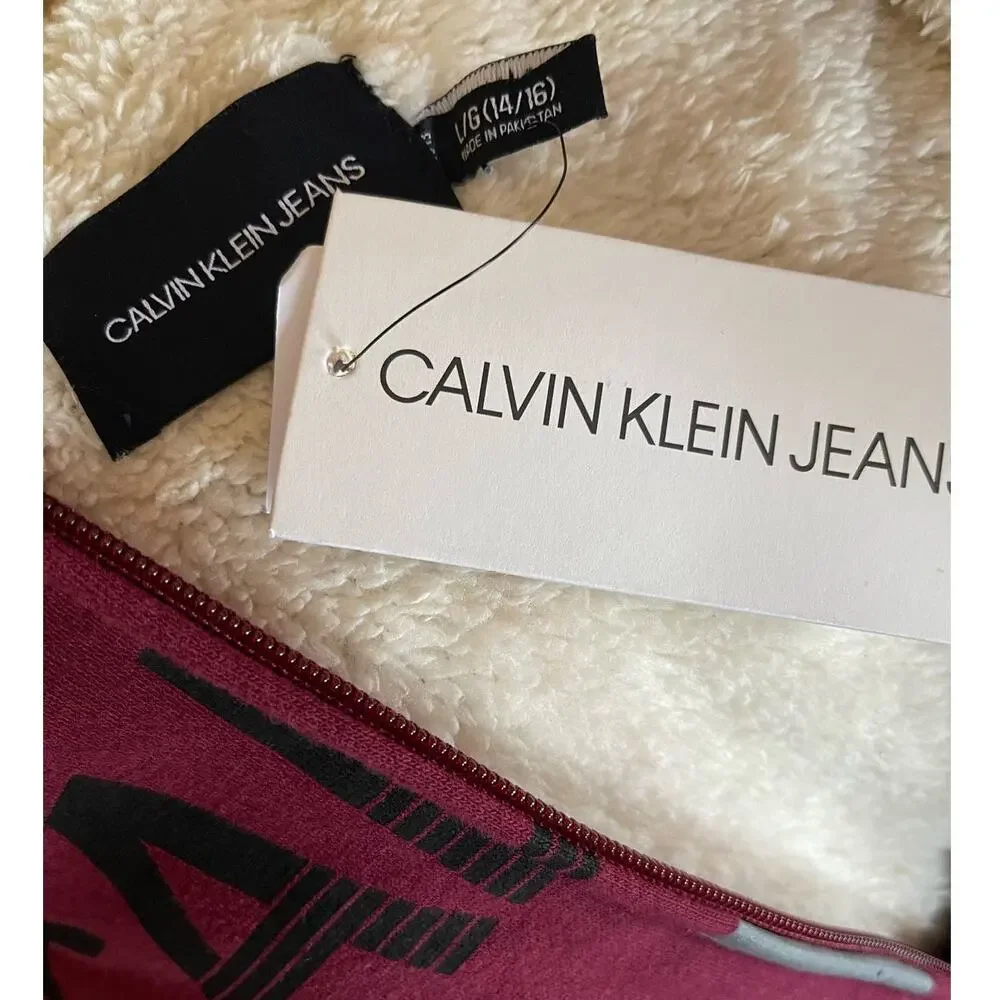 Calvin Klein Jeans Logo Kids Front Zip Hooded Sweatshirt in Burgundy L 14/16 NWT